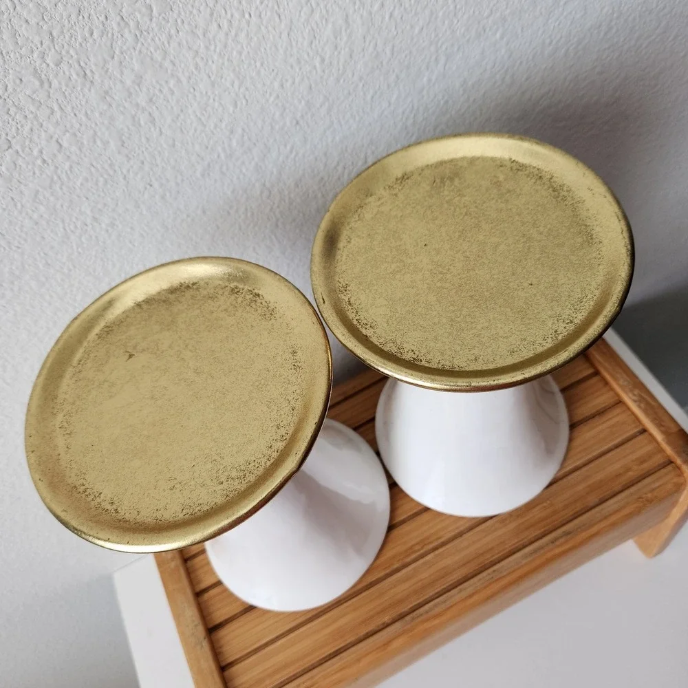Christmas 2016‎ Hobby Lobby Gold White Pedestal Pillar Candle Holders Set Of 2